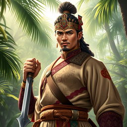 A majestic and powerful image of a fictional character inspired by historical Malay warrior Hang Tuah