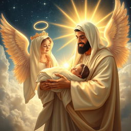 A stunning and serene depiction of the birth of Fatimah, the daughter of Prophet Muhammad, portrayed in a celestial scene