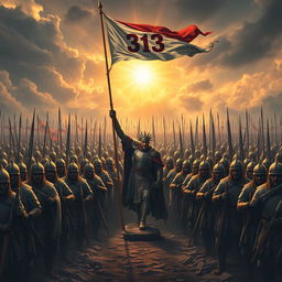 An epic scene depicting an army of ten thousand soldiers, all equipped with an array of weapons and standing ready for a charge
