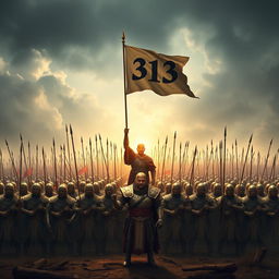 An epic scene depicting an army of ten thousand soldiers, all equipped with an array of weapons and standing ready for a charge