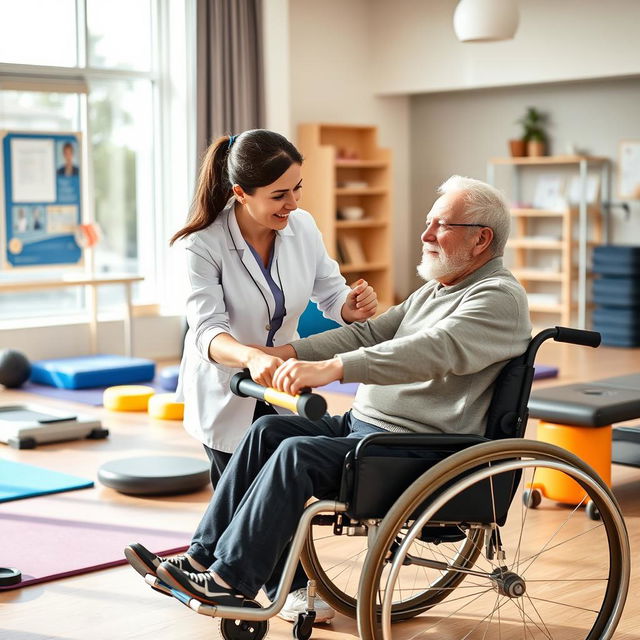 A dynamic scene depicting an occupational therapist working with a patient in a modern rehabilitation center