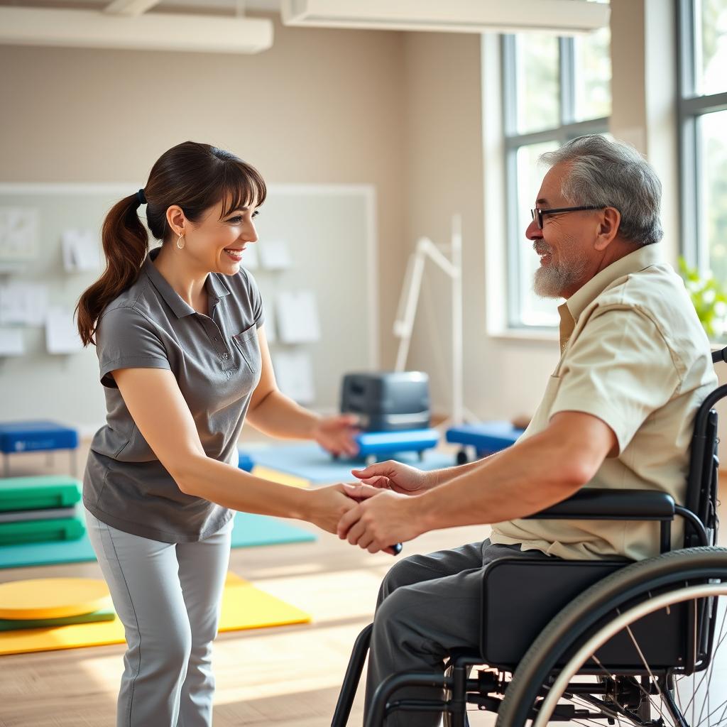 A dynamic scene depicting an occupational therapist working with a patient in a modern rehabilitation center