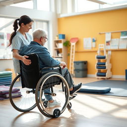 A dynamic scene depicting an occupational therapist working with a patient in a modern rehabilitation center