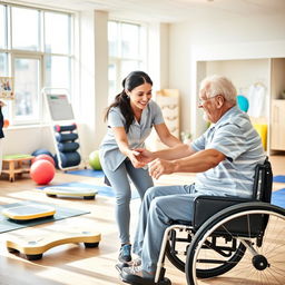 A dynamic scene depicting an occupational therapist working with a patient in a modern rehabilitation center