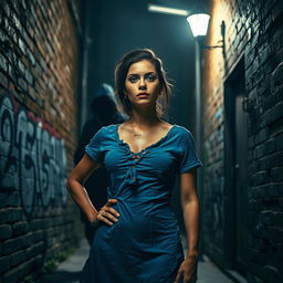 A symbolic scene of a strong woman standing in a dimly lit urban alley, her expression resolute yet solemn
