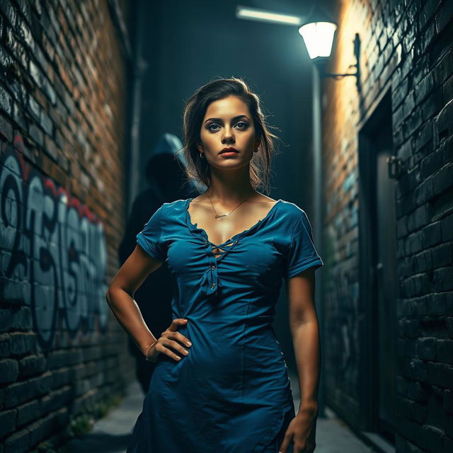 A symbolic scene of a strong woman standing in a dimly lit urban alley, her expression resolute yet solemn