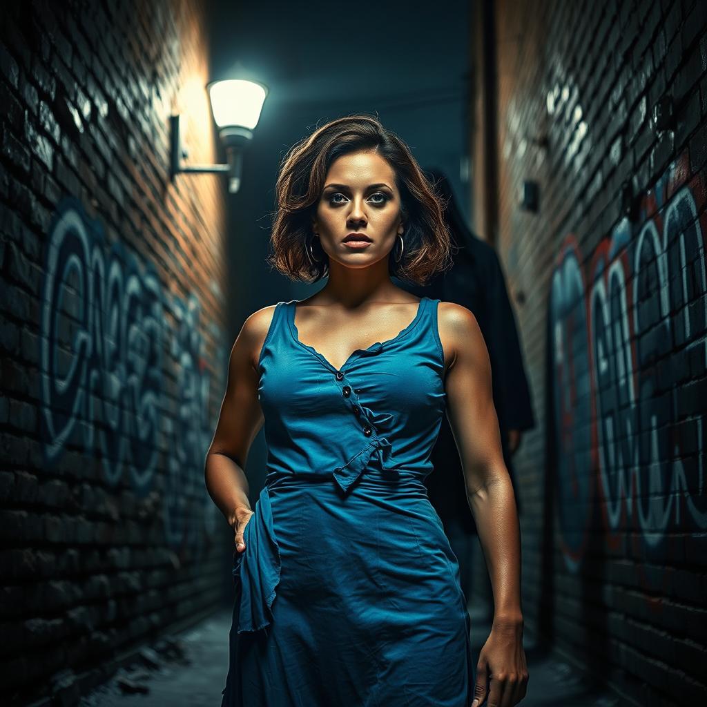 A symbolic scene of a strong woman standing in a dimly lit urban alley, her expression resolute yet solemn