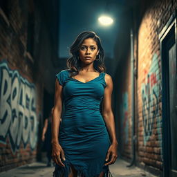 A symbolic scene of a strong woman standing in a dimly lit urban alley, her expression resolute yet solemn