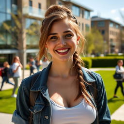 A captivating English university student with exceptionally large, round breasts, radiating a playful and flirty personality