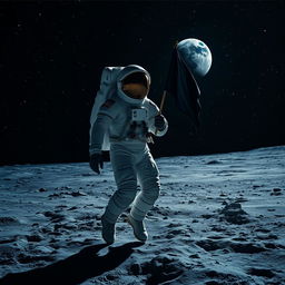 A black astronaut walking on the moon, wearing a sleek, high-tech space suit, and carrying a black flag