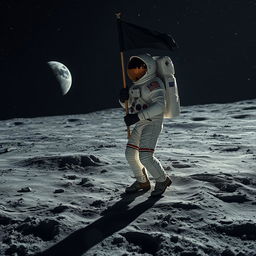 A black astronaut walking on the moon, wearing a sleek, high-tech space suit, and carrying a black flag