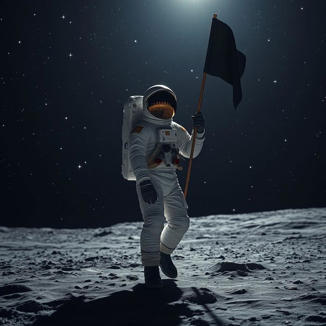 A black astronaut walking on the moon, wearing a sleek, high-tech space suit, and carrying a black flag