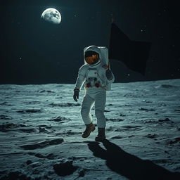 A black astronaut walking on the moon, wearing a sleek, high-tech space suit, and carrying a black flag