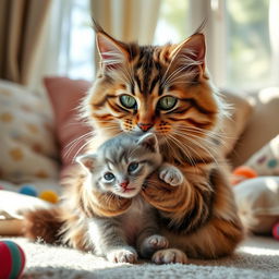 A heartwarming scene of a mother cat gently picking up her baby kitten using her mouth, showcasing her protective nature