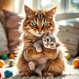 A heartwarming scene of a mother cat gently picking up her baby kitten using her mouth, showcasing her protective nature