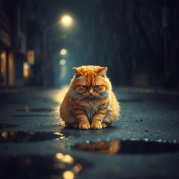 A chubby orange cat sits alone in the middle of a dark, empty street during heavy rain