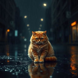 A chubby orange cat sits alone in the middle of a dark, empty street during heavy rain