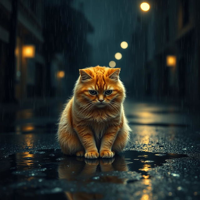 A chubby orange cat sits alone in the middle of a dark, empty street during heavy rain