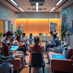 A futuristic scene showcasing an occupational therapy session enhanced by artificial intelligence