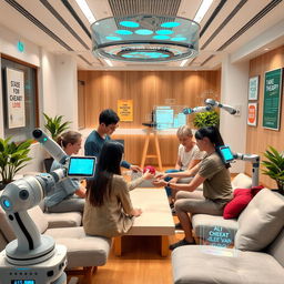 A futuristic scene showcasing an occupational therapy session enhanced by artificial intelligence