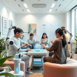 A futuristic scene showcasing an occupational therapy session enhanced by artificial intelligence