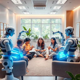 A futuristic scene showcasing an occupational therapy session enhanced by artificial intelligence