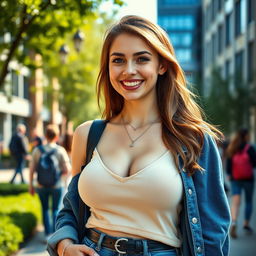 A gorgeous English university student with large, round breasts, radiating a flirtatious and lively spirit