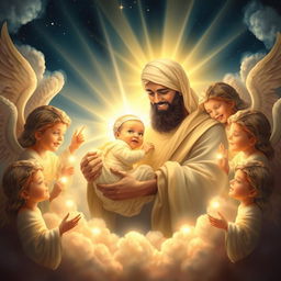 A radiant and beautiful depiction of the birth of Fatimah, showcasing her with a luminous face, cradled in the arms of a glowing Prophet Muhammad, who also has a radiant appearance
