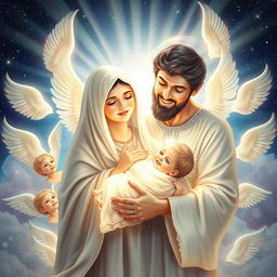 A radiant and beautiful depiction of the birth of Fatimah, showcasing her with a luminous face, cradled in the arms of a glowing Prophet Muhammad, who also has a radiant appearance