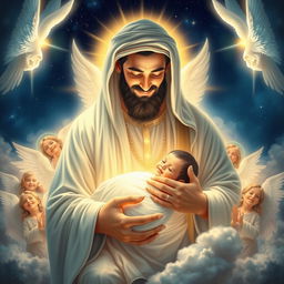 A radiant and beautiful depiction of the birth of Fatimah, showcasing her with a luminous face, cradled in the arms of a glowing Prophet Muhammad, who also has a radiant appearance