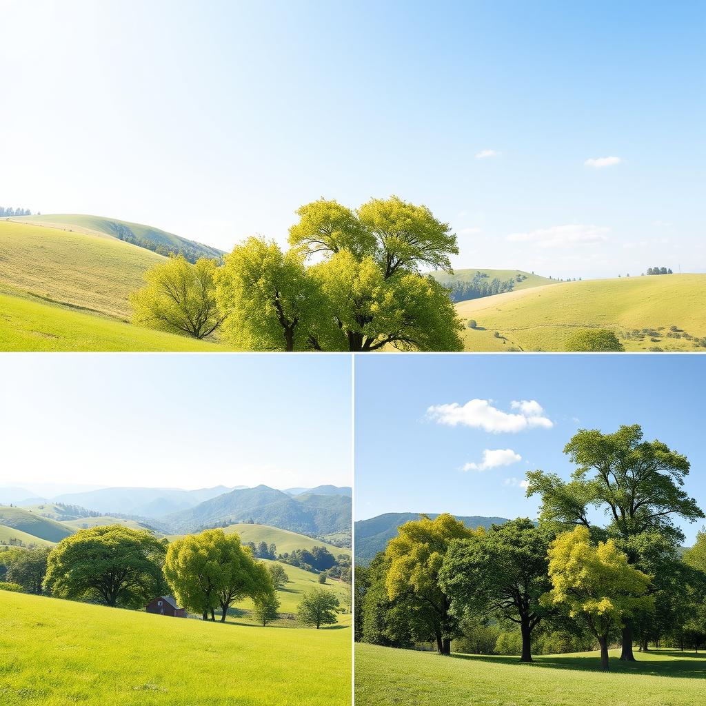 Create a seamless background for three images that features a serene nature scene with lush green trees, soft rolling hills, and a clear blue sky