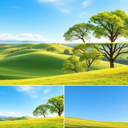 Create a seamless background for three images that features a serene nature scene with lush green trees, soft rolling hills, and a clear blue sky