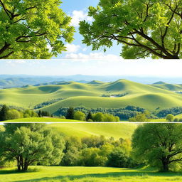 Create a seamless background for three images that features a serene nature scene with lush green trees, soft rolling hills, and a clear blue sky
