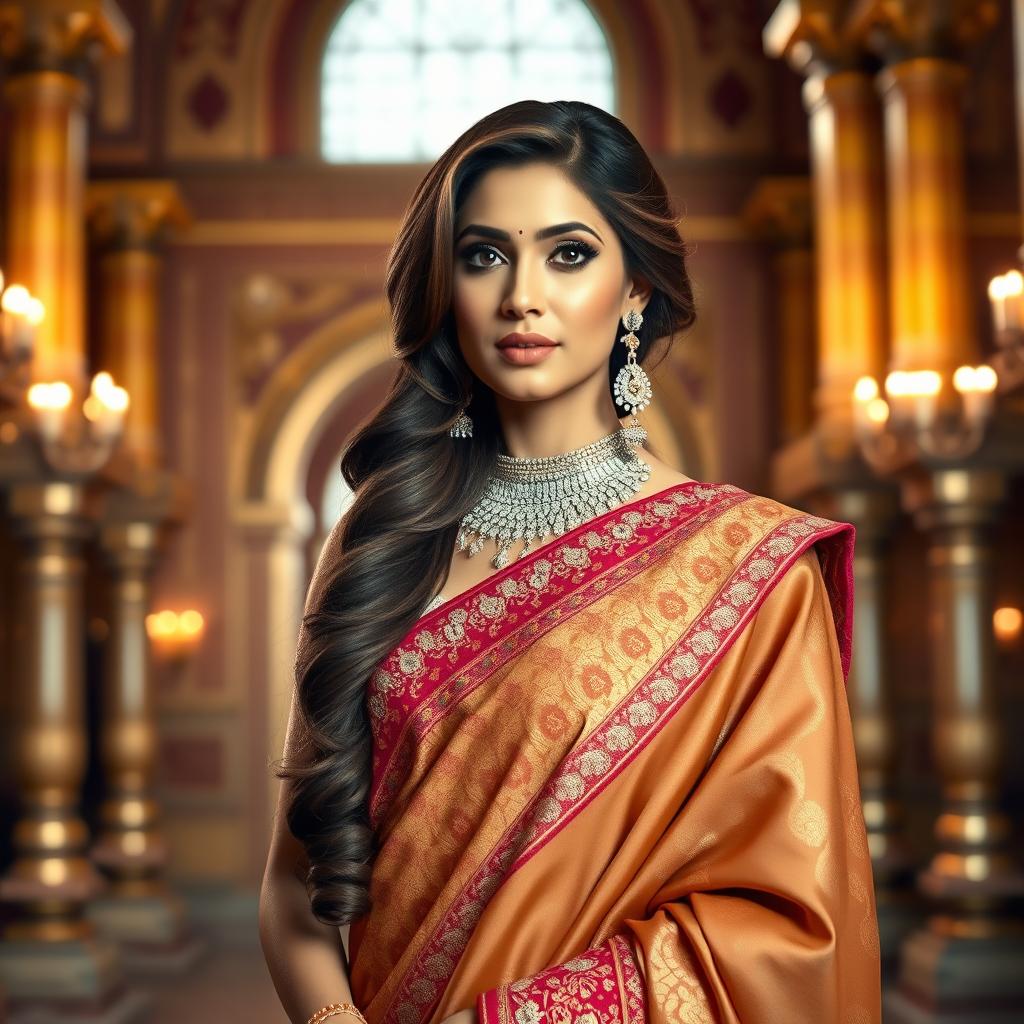 A stunning Indian actress resembling Kareena Kapoor, elegantly dressed in a traditional sari