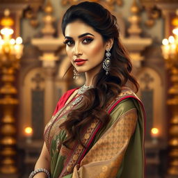 A stunning Indian actress resembling Kareena Kapoor, elegantly dressed in a traditional sari