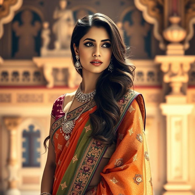 A stunning Indian actress resembling Kareena Kapoor, elegantly dressed in a traditional sari