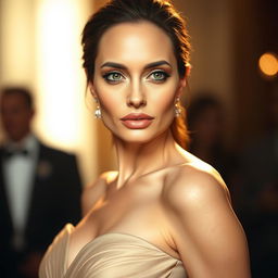 A stunning portrait of Angelina Jolie, capturing her iconic features such as her full lips, high cheekbones, and captivating gaze