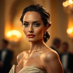 A stunning portrait of Angelina Jolie, capturing her iconic features such as her full lips, high cheekbones, and captivating gaze