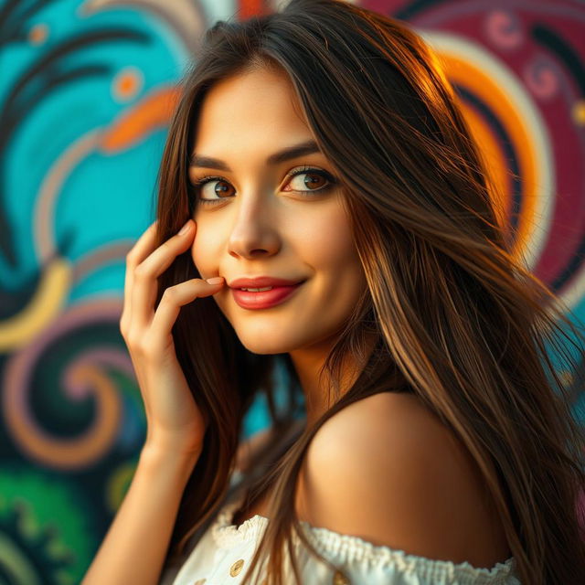 A close-up portrait of a young adult woman with long flowing hair, looking thoughtfully away from the camera