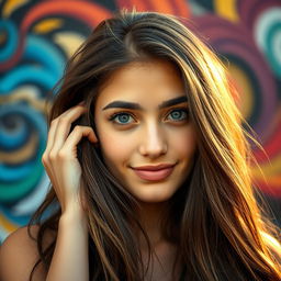 A close-up portrait of a young adult woman with long flowing hair, looking thoughtfully away from the camera
