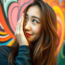 A close-up portrait of a young adult woman with long flowing hair, looking thoughtfully away from the camera