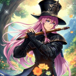 An enchanting light novel cover featuring a male character with long, flowing pink hair that cascades elegantly over his shoulders