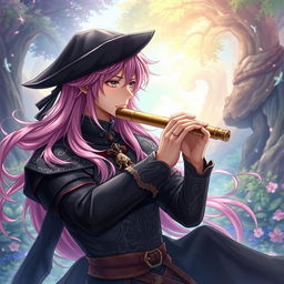 An enchanting light novel cover featuring a male character with long, flowing pink hair that cascades elegantly over his shoulders