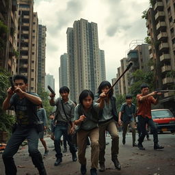 A cinematic scene inspired by a thrilling zombie apocalypse in a deserted urban landscape