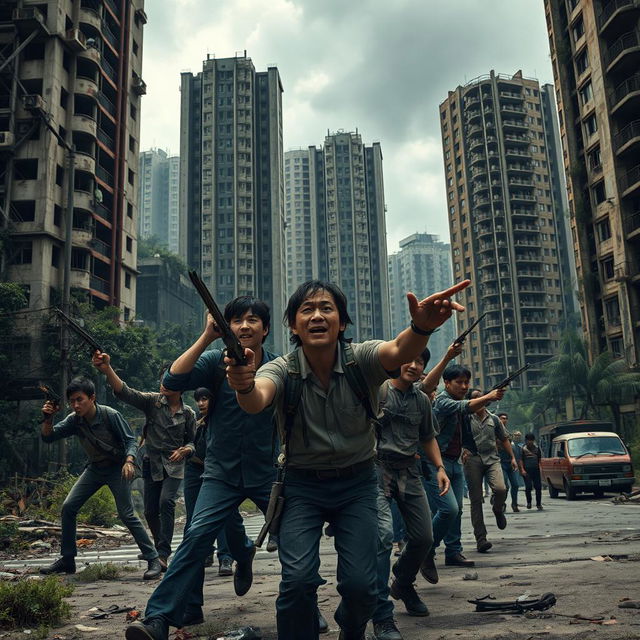 A cinematic scene inspired by a thrilling zombie apocalypse in a deserted urban landscape