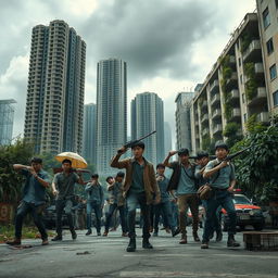 A cinematic scene inspired by a thrilling zombie apocalypse in a deserted urban landscape