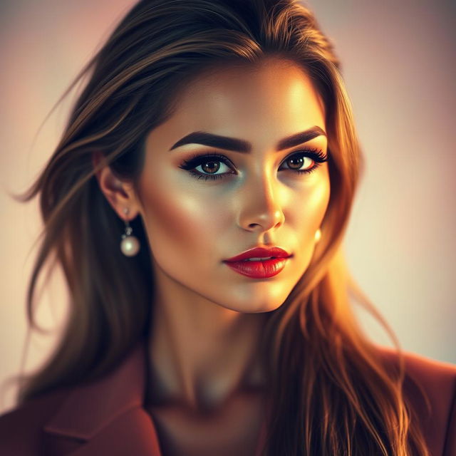 A glamorous portrait of a beautiful woman with striking features, resembling a fashion model with long, flowing hair