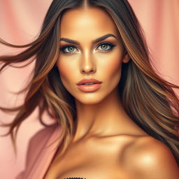A glamorous portrait of a beautiful woman with striking features, resembling a fashion model with long, flowing hair