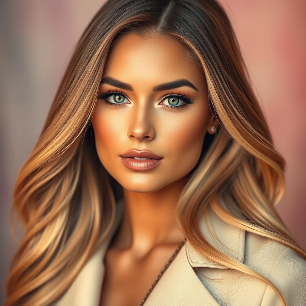 A glamorous portrait of a beautiful woman with striking features, resembling a fashion model with long, flowing hair