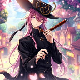 A captivating light novel cover featuring a male character with long, flowing pink hair that gracefully falls down his back